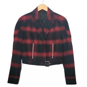 BEBE Wool Plaid Buffalo Check Print Moto Jacket Red Navy Blue Short Cropped 8 M